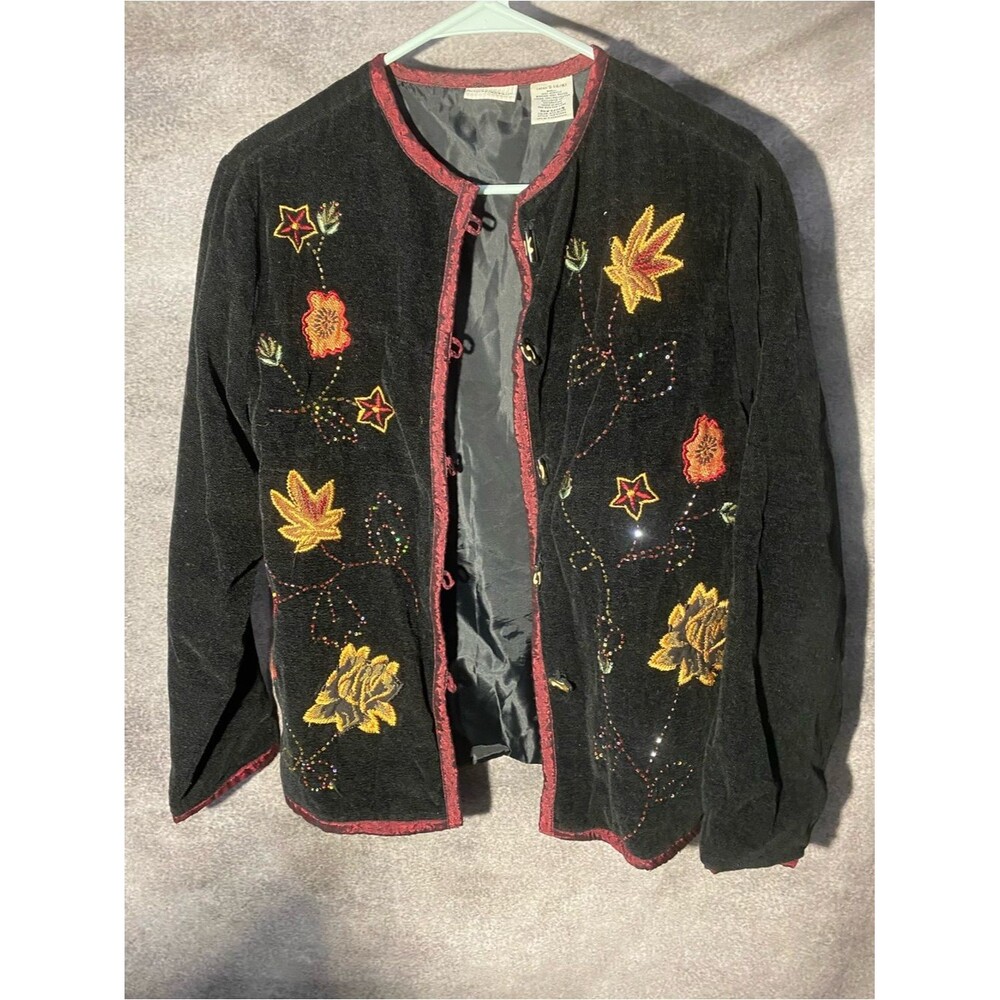 Vintage White Stag Womens Embroidered Beaded Fall Leaves Jacket Small Black Y2K